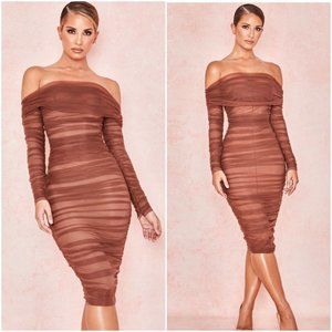RUCHED BODYCON TULLE MIDI DRESS SEXY LARGE